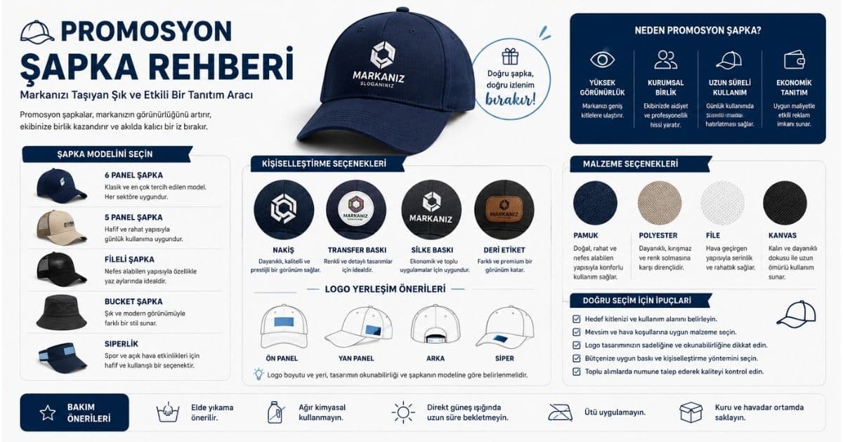 Promosyon Şapka Rehberi: Yerli Üretim Polyester, Pamuklu, Sandviç Siper ve Fileli Şapka Modelleri
