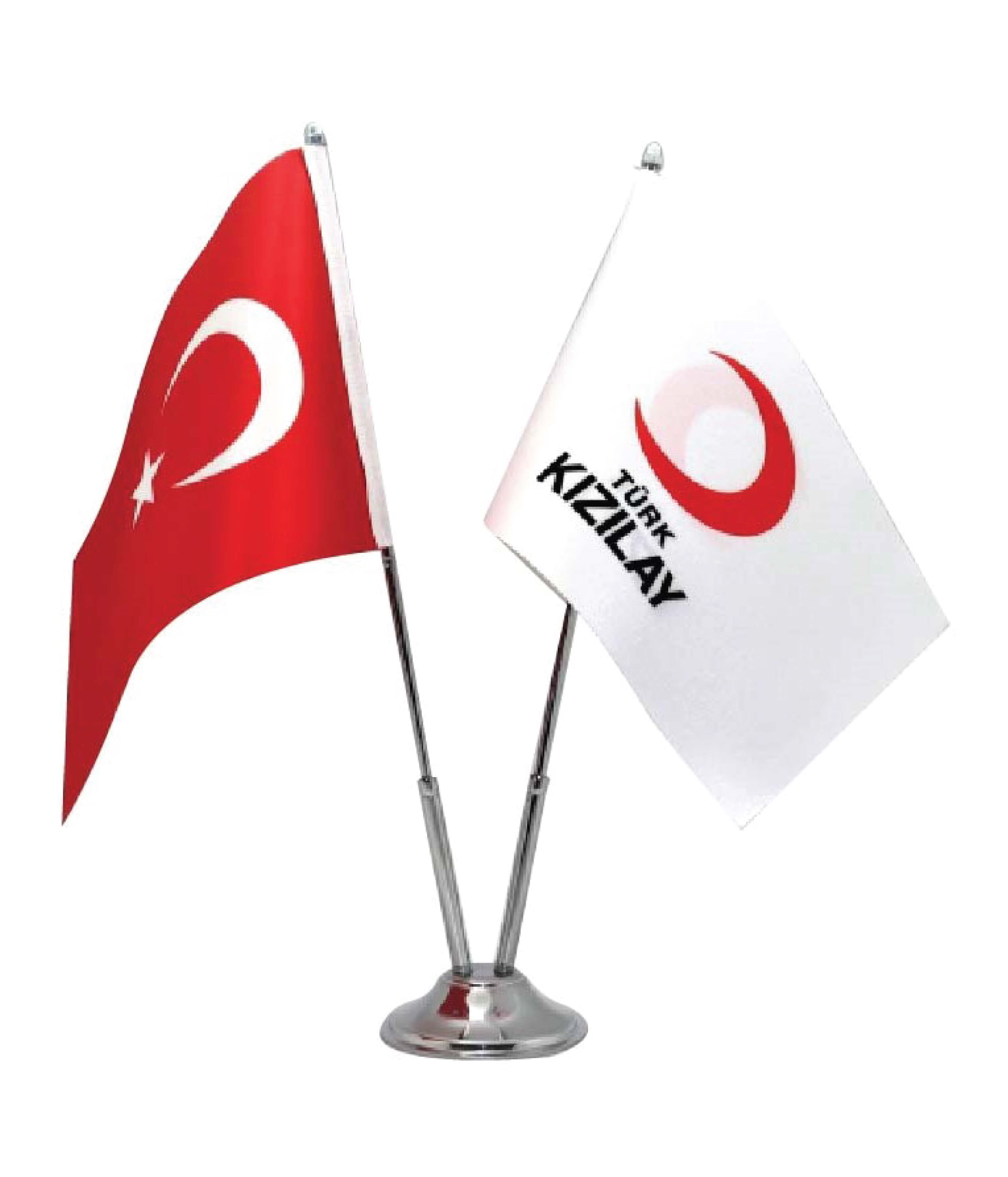 Promosyon İkili Masa Bayrağı BYK-120 | Çift Direkli Kurumsal Ofis Tipi Masaüstü Bayrak Seti