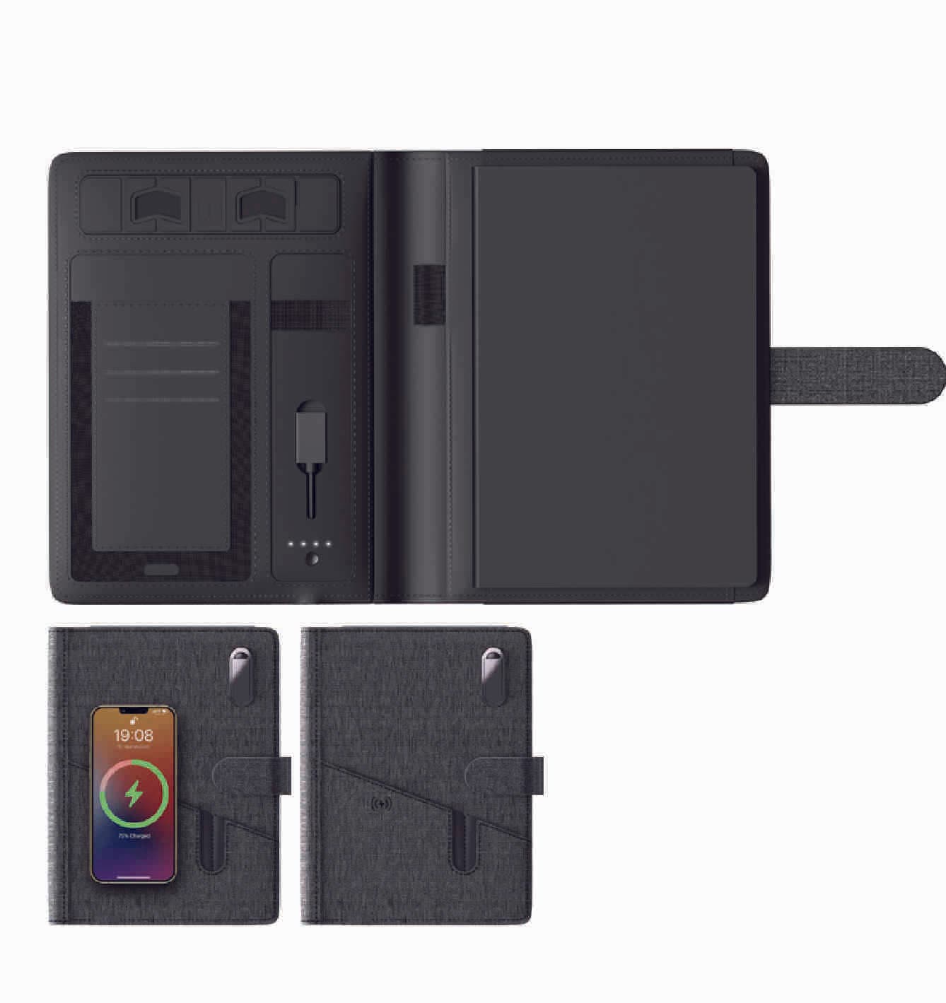 Promosyon Powerbank Organizer 6.500 mAh PB-350 | Kablosuz Şarjlı PU Deri Organizer Set