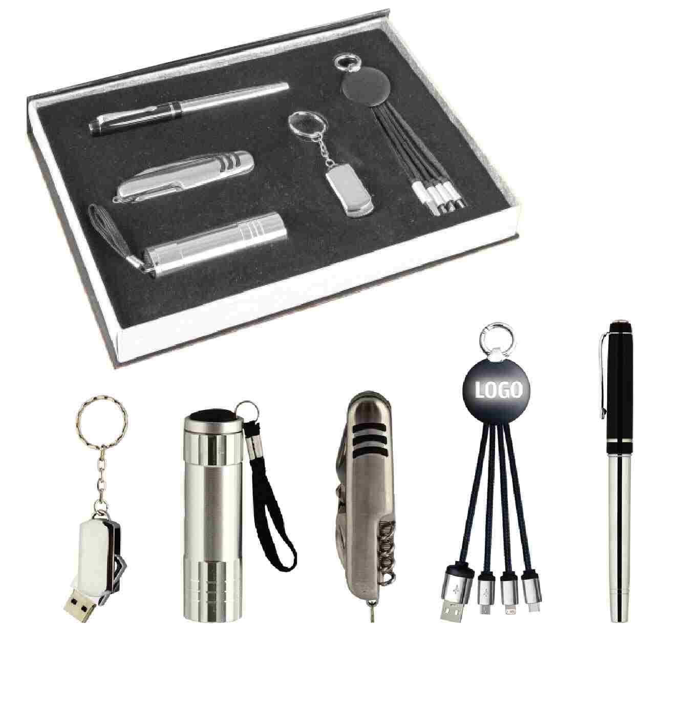 Promosyon VIP Set VIP-220 | USB, Fener, Çakı, Kablo ve Kalemli Teknik Hediye Seti