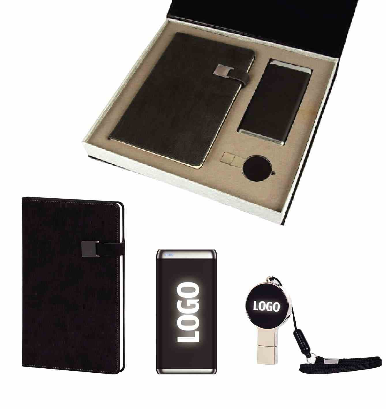 Promosyon VIP Set VIP-300 | Işıklı Powerbank, USB Bellek ve Defterli Premium Kurumsal Hediye Seti