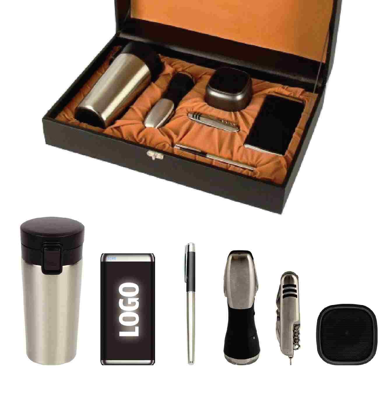 Promosyon VIP Set VIP-320 | Termos, Powerbank, Bluetooth Speaker ve Çakılı Lüks Kurumsal Hediye Seti