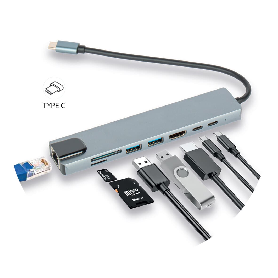 Promosyon 8 Fonksiyonlu Type-C Hub KBL-400 | Çoklayıcı, HDMI, USB, Kart Okuyucu