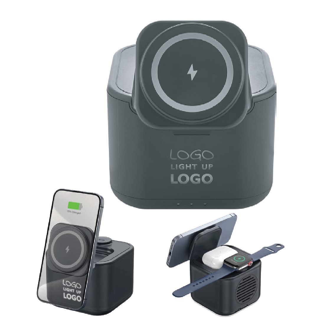 Promosyon Wireless Şarj & Bluetooth Hoparlör SPK-470 | 3'lü Şarj (Telefon, Saat, Kulaklık), LED Logo