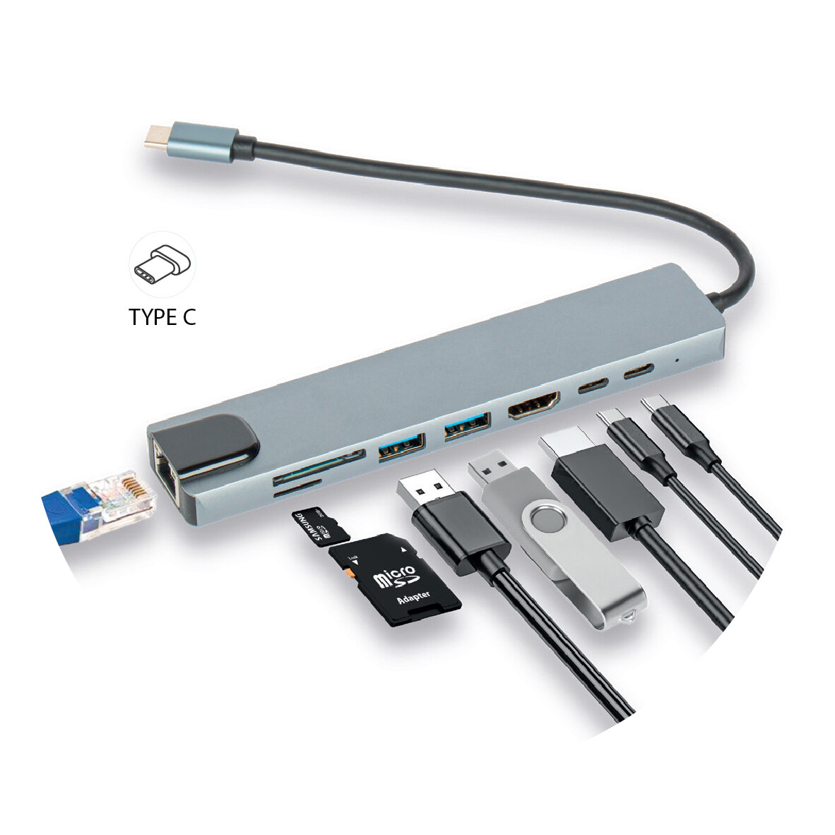 Promosyon 8 Fonksiyonlu Type-C Hub KBL-400 | Çoklayıcı, HDMI, USB, Kart Okuyucu