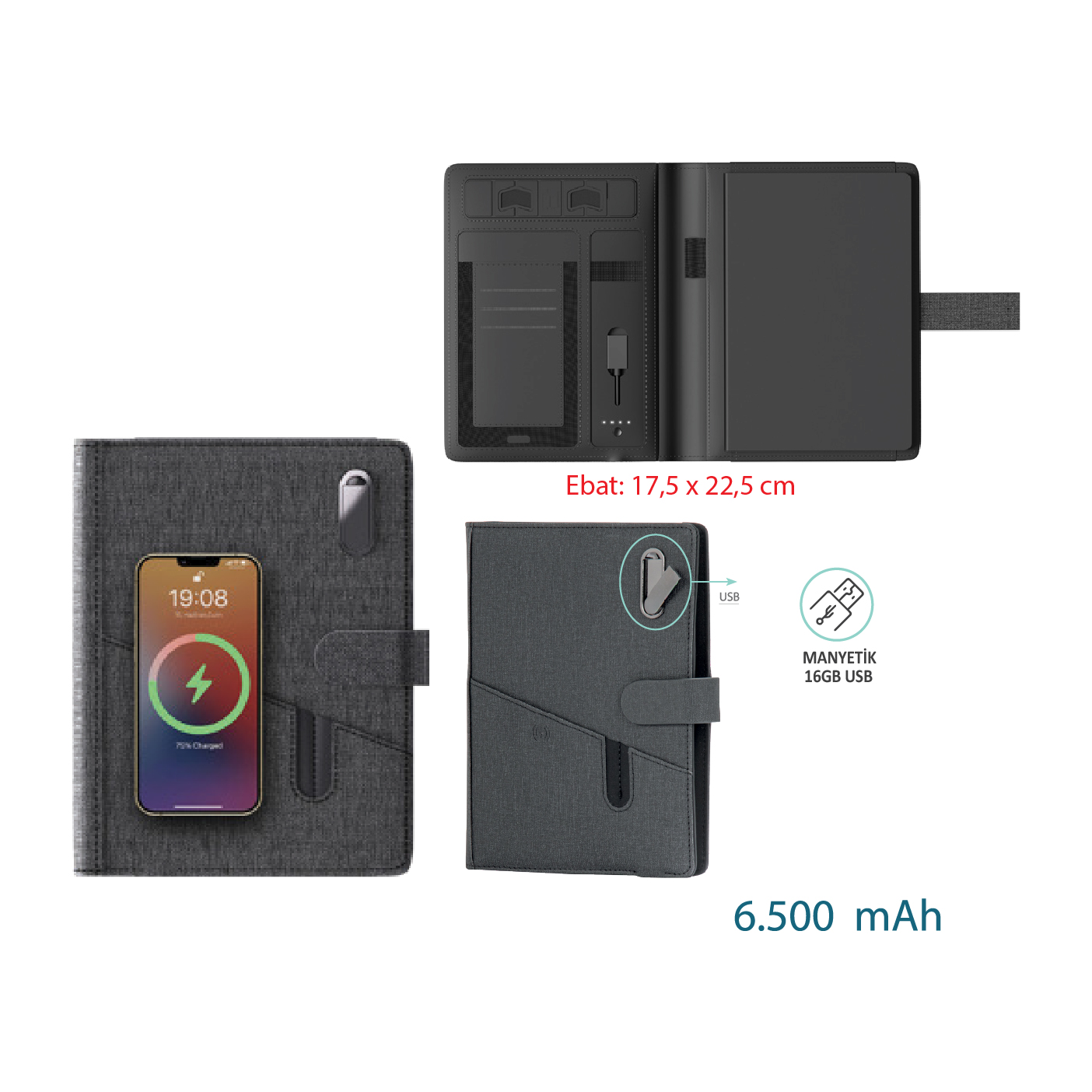 Promosyon Powerbank Organizer 6.500 mAh PB-350 | Kablosuz Şarjlı PU Deri Organizer Set