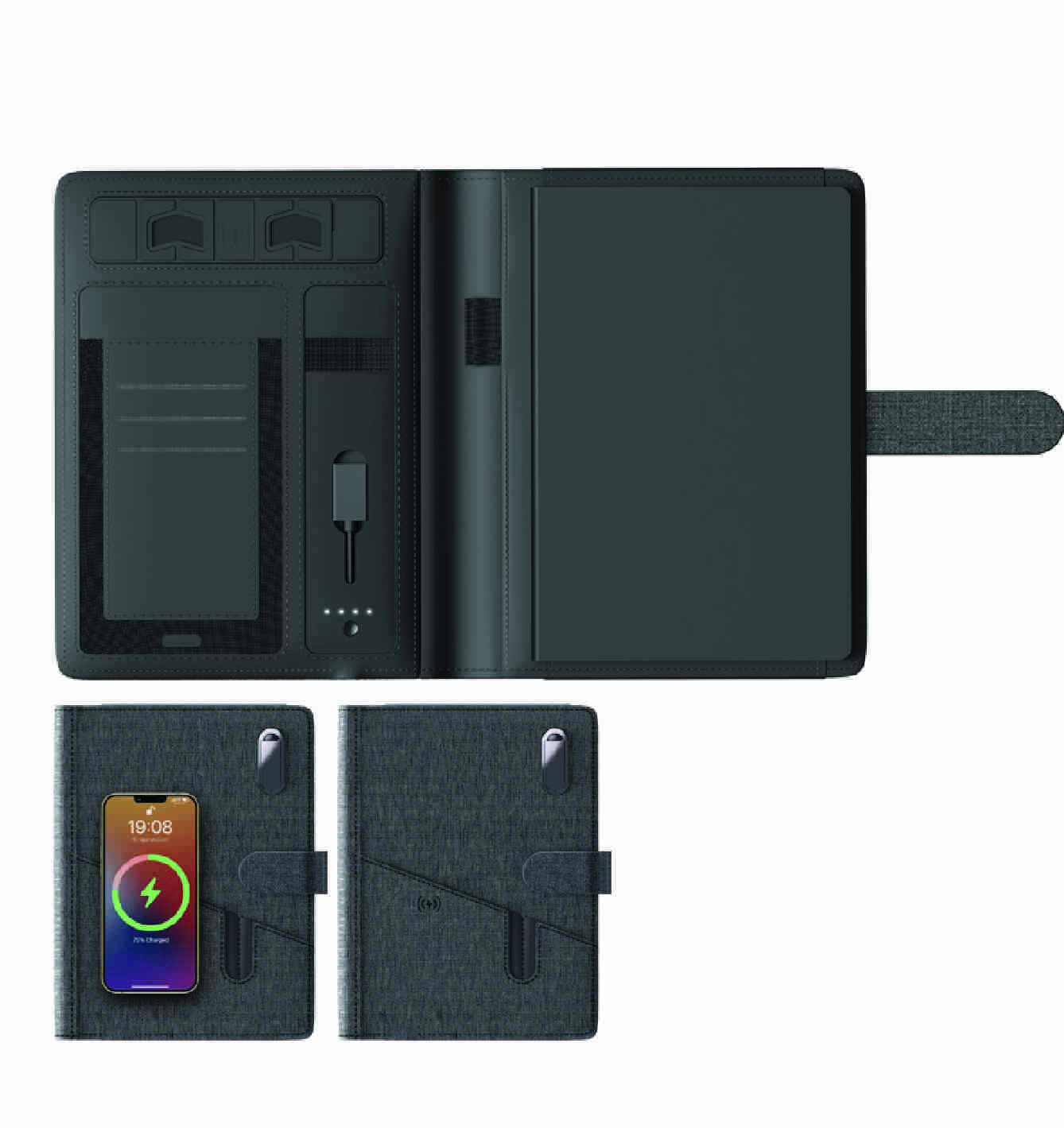 Promosyon Powerbank Organizer 6.500 mAh PB-350 | Kablosuz Şarjlı PU Deri Organizer Set