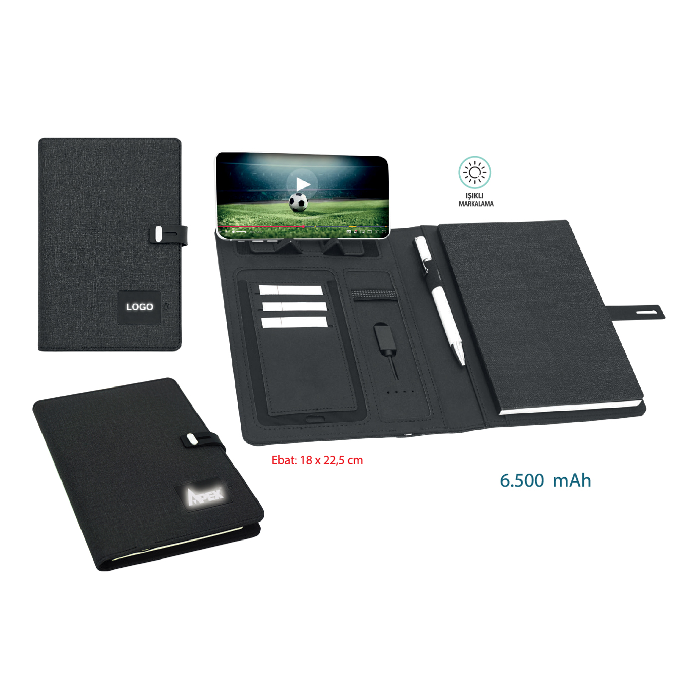 Promosyon Powerbank Organizer 6.500 mAh PB-360 | Işıklı Logolu PU Deri Organizer