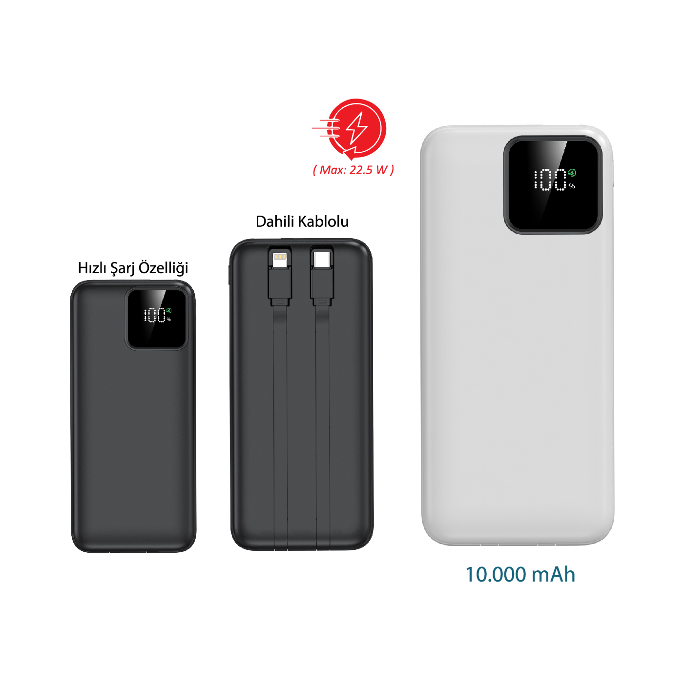 Promosyon Powerbank 10.000 mAh 22.5W Hızlı Şarj PB-112 | Dahili Kablolu Logo Baskılı Powerbank
