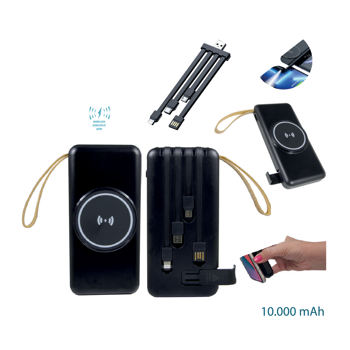 Promosyon Powerbank 10.000 mAh Wireless LED Fenerli PB-115 | Dahili Kablolu Logo Baskılı Powerbank