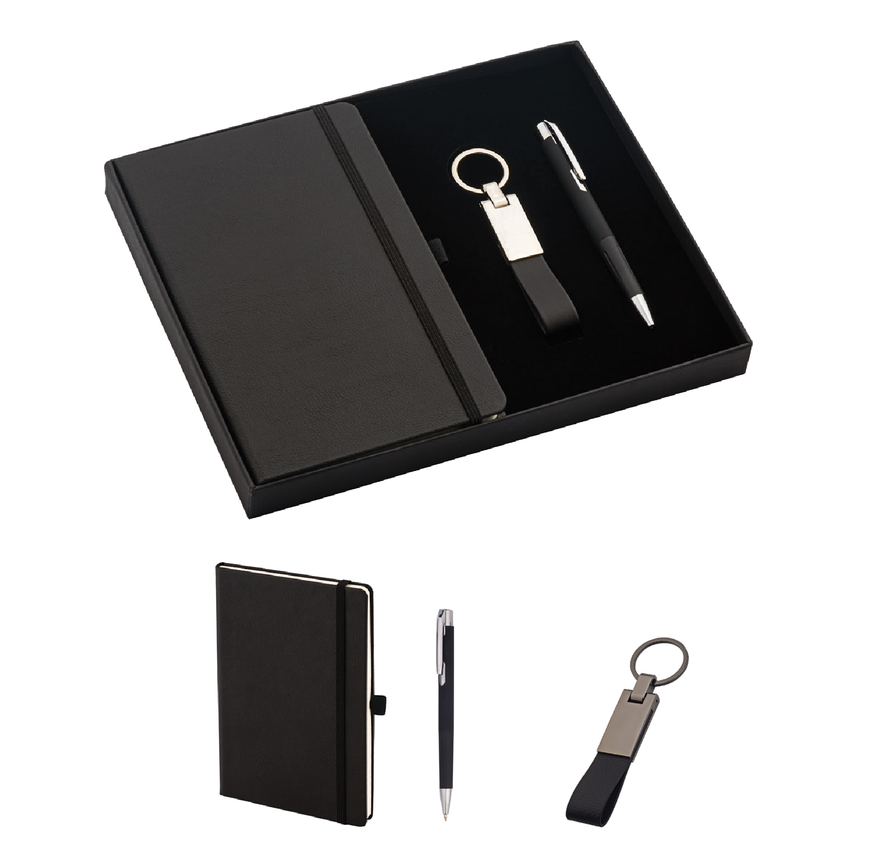 Promosyon VIP Set VIP-365 | Defter, Rubber Gövdeli Kalem ve Anahtarlıklı Hediye Seti